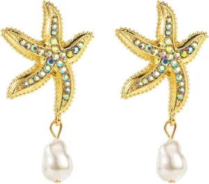 Gold Starfish Stud Earrings for Women 18K Gold Plated Boho Starfish Sea Shell Pearl Ocean Summer Drop Earrings Gold Statement Beach Earrings Prom Jewelry Present