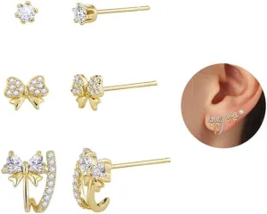 Gold Stud Earrings for Women: 14K Gold Round CZ Butterfly Star Bow Stud Earrings for Women Trendy Square Cubic Zirconia Earring Studs Set - Hypoallergenic Small Teardrop Earrings Studs Bow Earrings