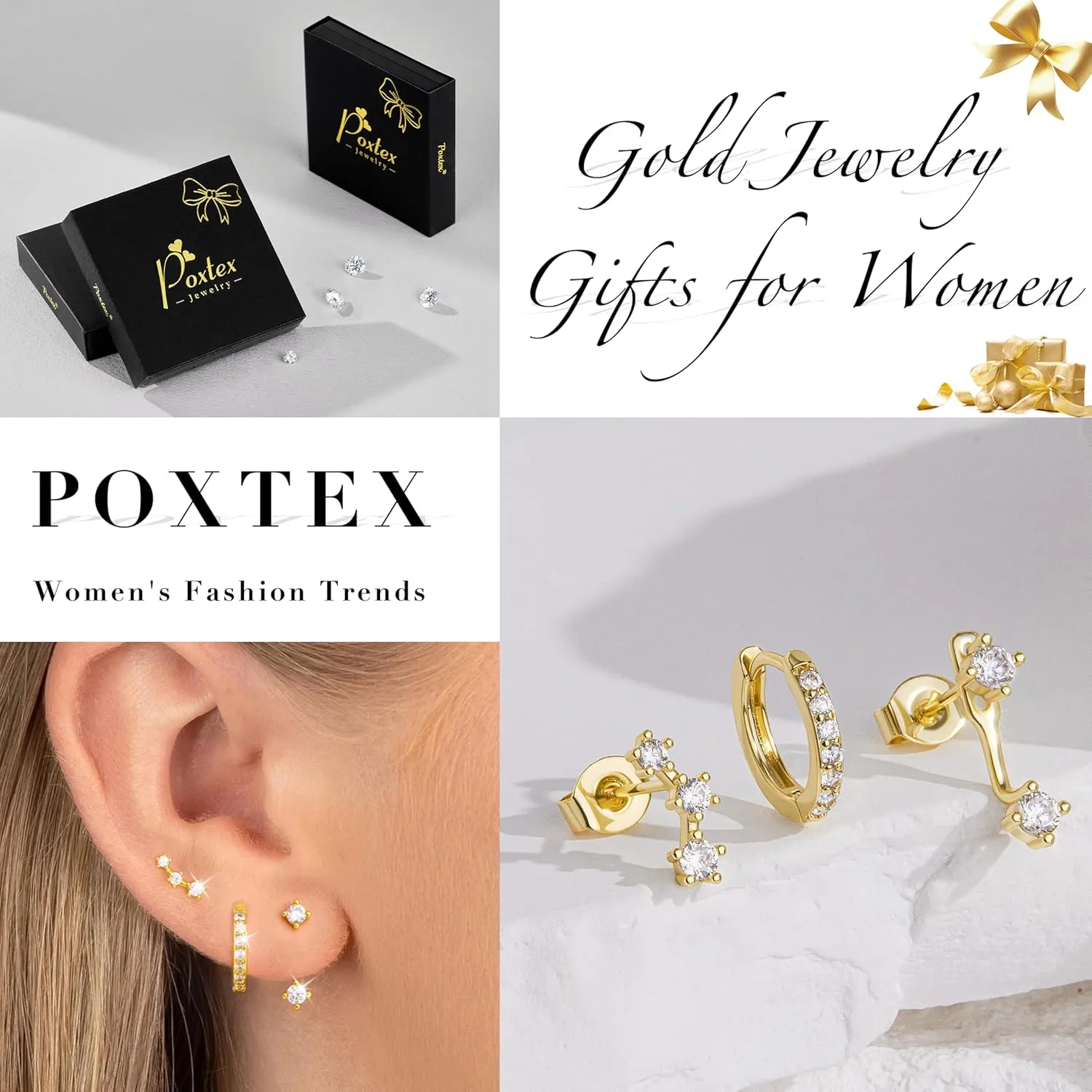 Gold Stud Earrings Set for Women, 3 Pairs Huggie Hoop Jacket Studs Earring Stacks, Hypoallergenic 925 Sterling Silver Post Dainty Birthstone Trendy Women Fashion Accessories Jewelry Gifts
