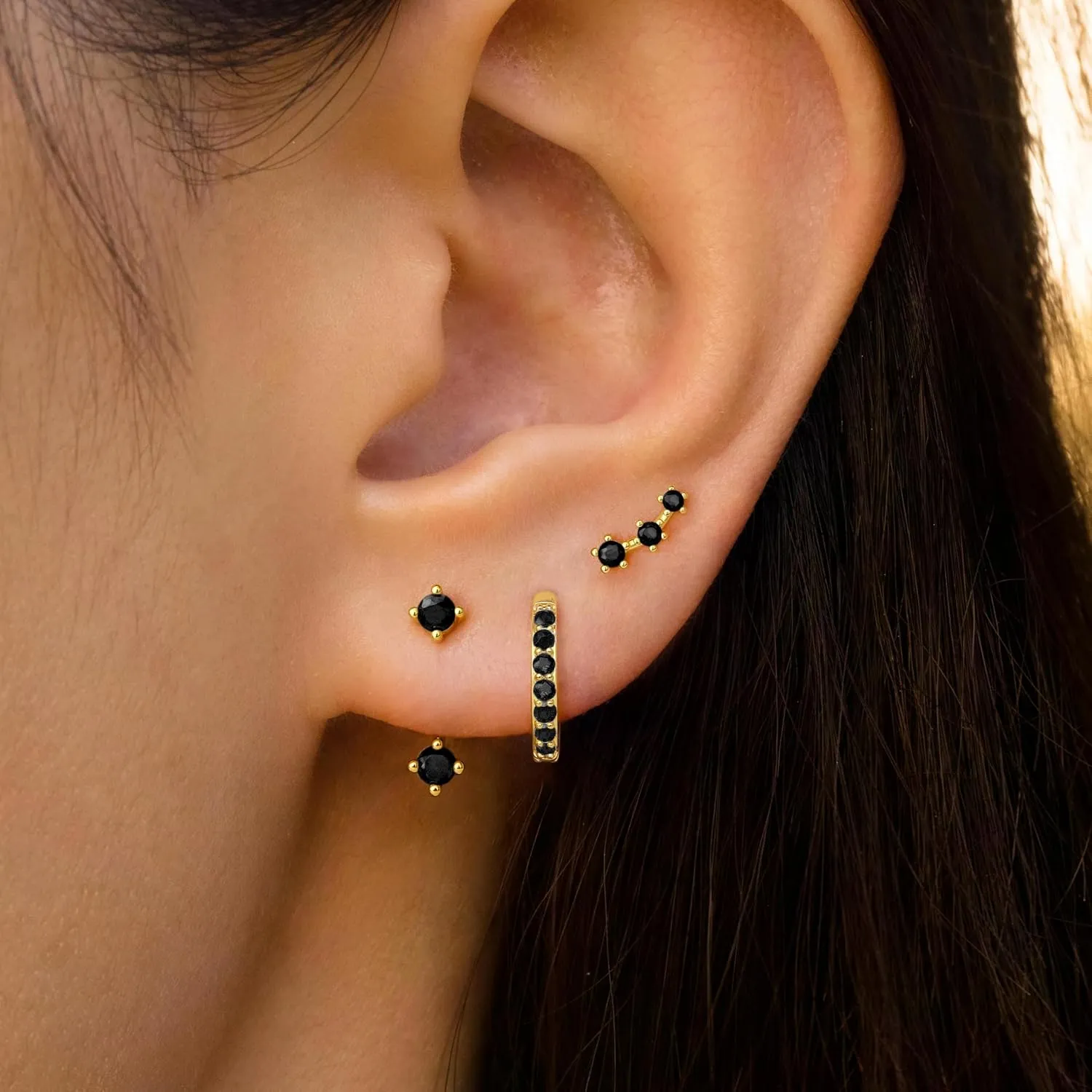 Gold Stud Earrings Set for Women, 3 Pairs Huggie Hoop Jacket Studs Earring Stacks, Hypoallergenic 925 Sterling Silver Post Dainty Birthstone Trendy Women Fashion Accessories Jewelry Gifts