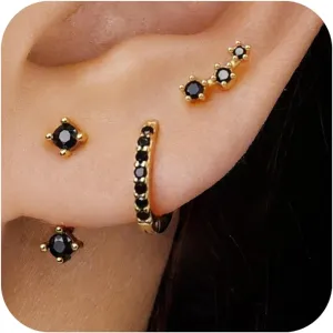 Gold Stud Earrings Set for Women, 3 Pairs Huggie Hoop Jacket Studs Earring Stacks, Hypoallergenic 925 Sterling Silver Post Dainty Birthstone Trendy Women Fashion Accessories Jewelry Gifts