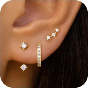 Gold Stud Earrings Set for Women, 3 Pairs Huggie Hoop Jacket Studs Earring Stacks, Hypoallergenic 925 Sterling Silver Post Dainty Birthstone Trendy Women Fashion Accessories Jewelry Gifts