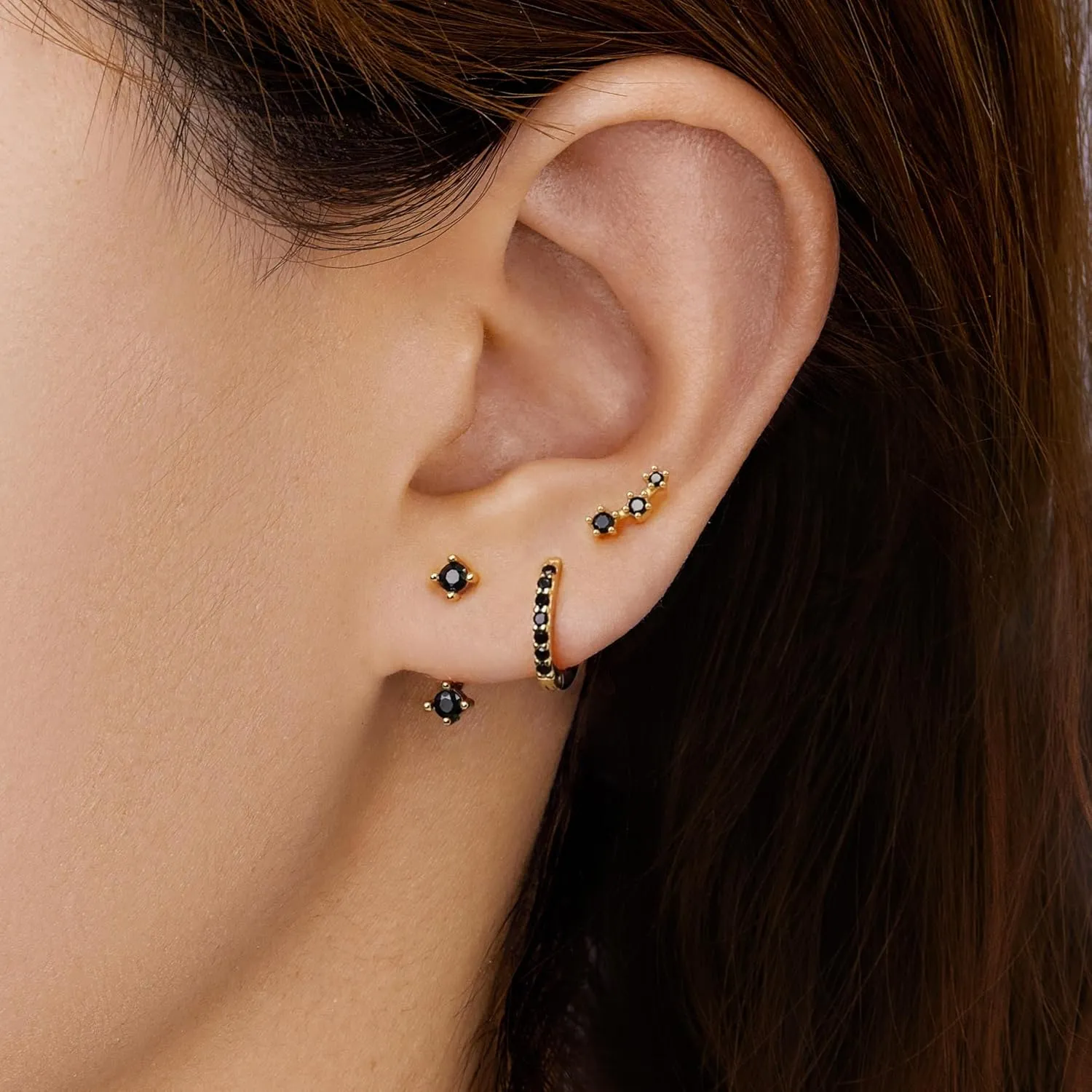 Gold Stud Earrings Set for Women, 3 Pairs Huggie Hoop Jacket Studs Earring Stacks, Hypoallergenic 925 Sterling Silver Post Dainty Birthstone Trendy Women Fashion Accessories Jewelry Gifts