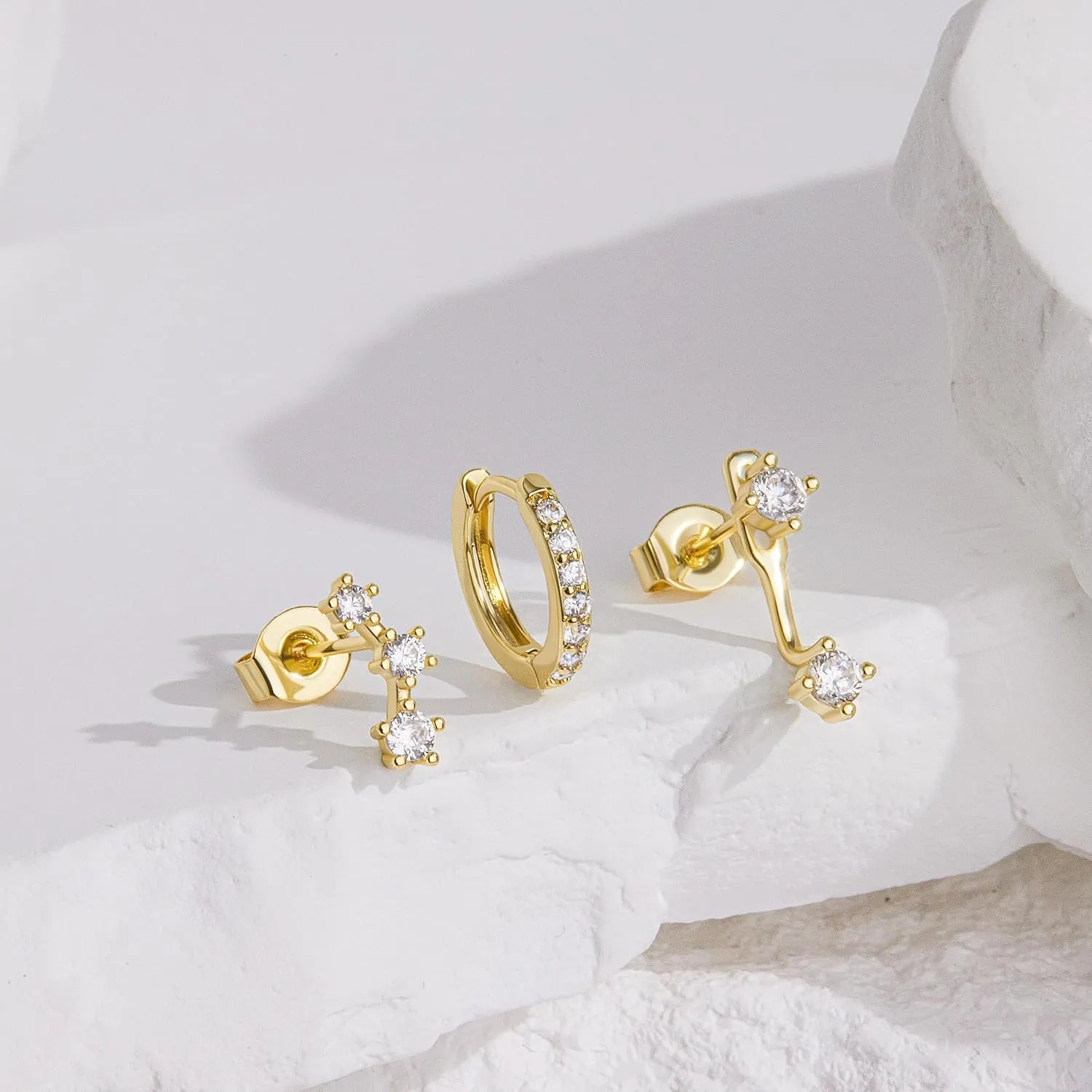 Gold Stud Earrings Set for Women, 3 Pairs Huggie Hoop Jacket Studs Earring Stacks, Hypoallergenic 925 Sterling Silver Post Dainty Birthstone Trendy Women Fashion Accessories Jewelry Gifts