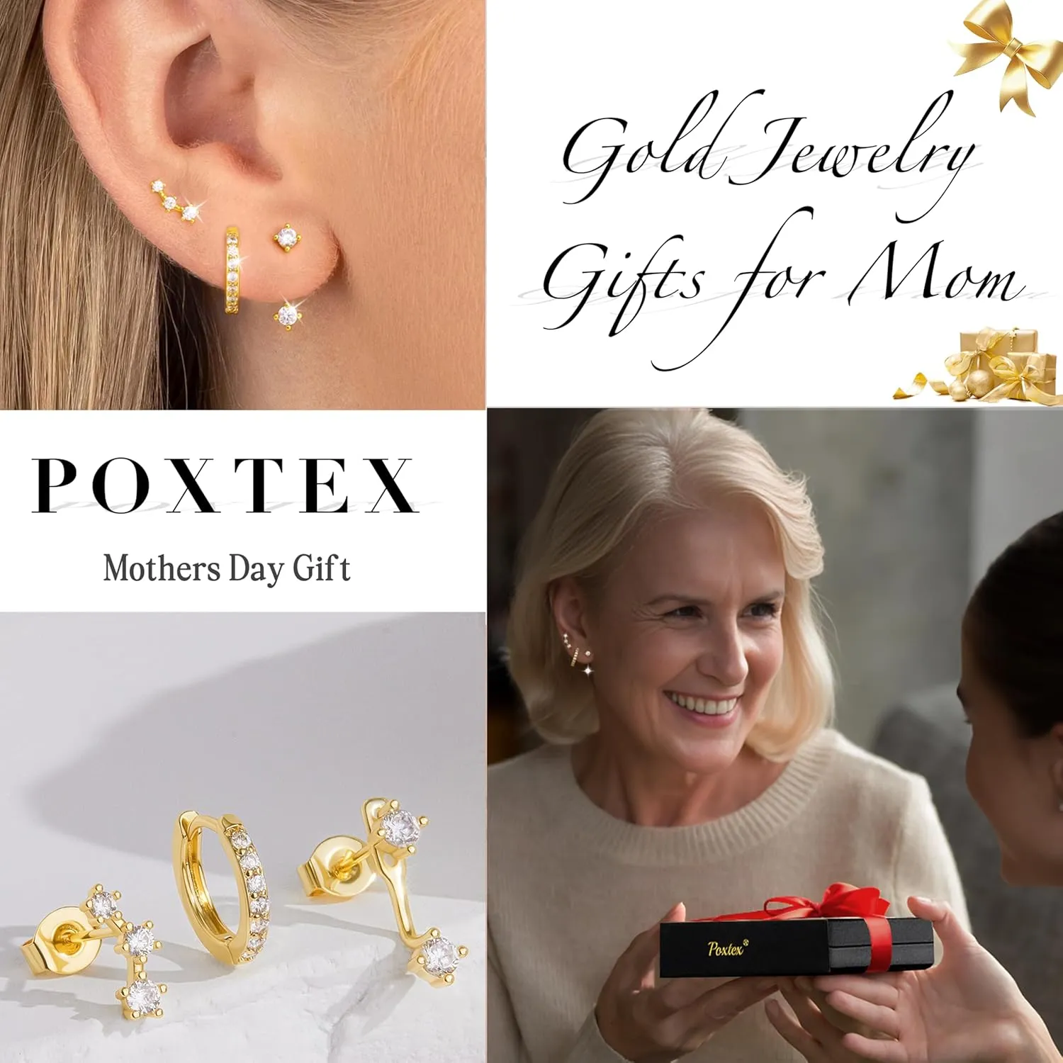 Gold Stud Earrings Set for Women, 3 Pairs Huggie Hoop Jacket Studs Earring Stacks, Hypoallergenic 925 Sterling Silver Post Dainty Birthstone Trendy Women Fashion Accessories Jewelry Gifts