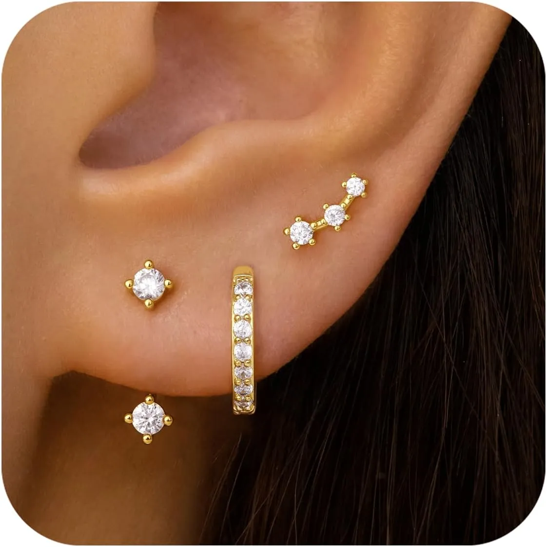 Gold Stud Earrings Set for Women, 3 Pairs Huggie Hoop Jacket Studs Earring Stacks, Hypoallergenic 925 Sterling Silver Post Dainty Birthstone Trendy Women Fashion Accessories Jewelry Gifts