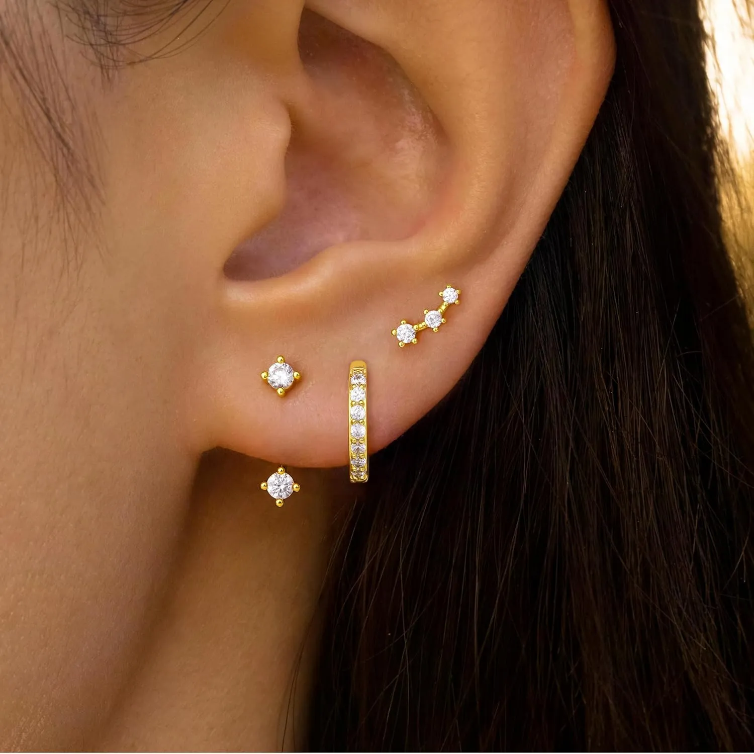 Gold Stud Earrings Set for Women, 3 Pairs Huggie Hoop Jacket Studs Earring Stacks, Hypoallergenic 925 Sterling Silver Post Dainty Birthstone Trendy Women Fashion Accessories Jewelry Gifts