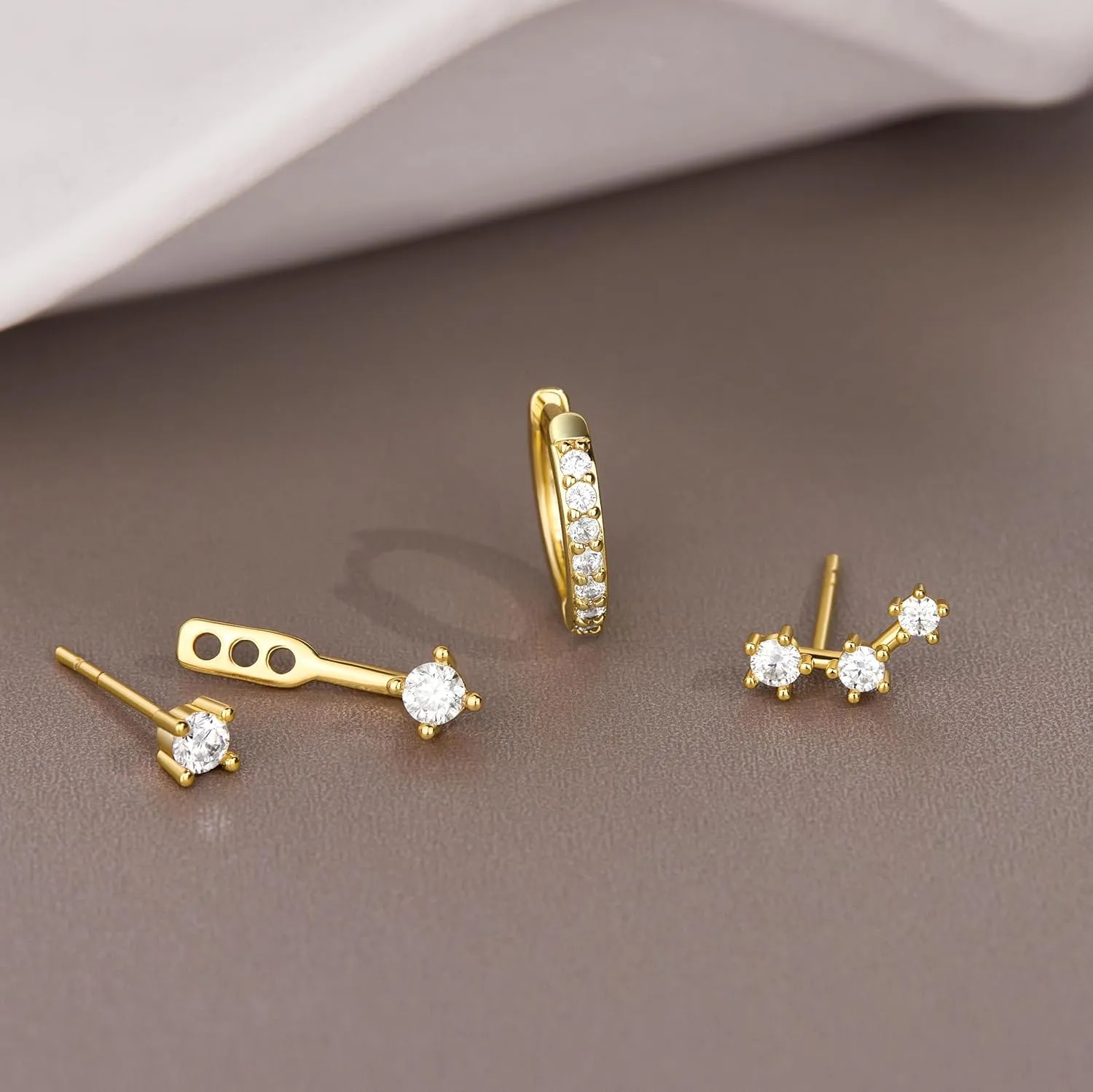 Gold Stud Earrings Set for Women, 3 Pairs Huggie Hoop Jacket Studs Earring Stacks, Hypoallergenic 925 Sterling Silver Post Dainty Birthstone Trendy Women Fashion Accessories Jewelry Gifts
