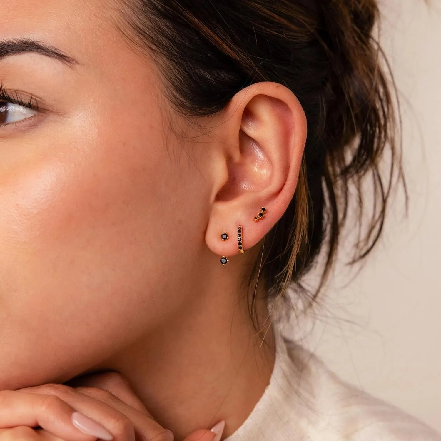 Gold Stud Earrings Set for Women, 3 Pairs Huggie Hoop Jacket Studs Earring Stacks, Hypoallergenic 925 Sterling Silver Post Dainty Birthstone Trendy Women Fashion Accessories Jewelry Gifts