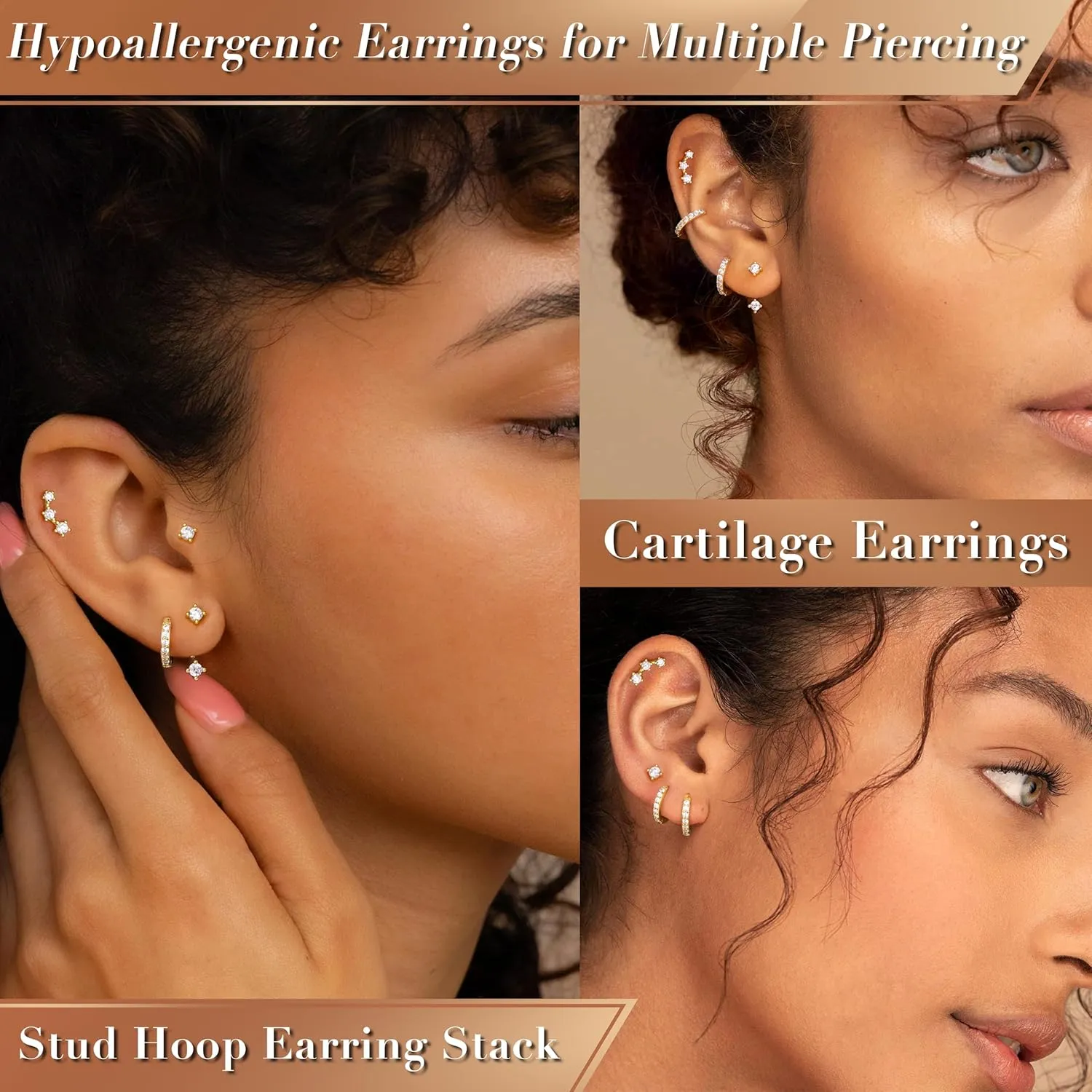 Gold Stud Earrings Set for Women, 3 Pairs Huggie Hoop Jacket Studs Earring Stacks, Hypoallergenic 925 Sterling Silver Post Dainty Birthstone Trendy Women Fashion Accessories Jewelry Gifts
