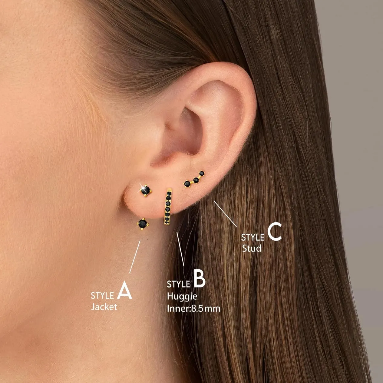 Gold Stud Earrings Set for Women, 3 Pairs Huggie Hoop Jacket Studs Earring Stacks, Hypoallergenic 925 Sterling Silver Post Dainty Birthstone Trendy Women Fashion Accessories Jewelry Gifts