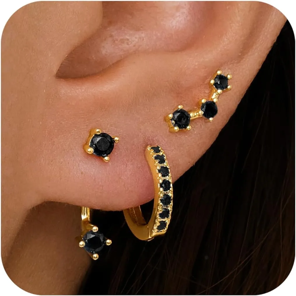 Gold Stud Earrings Set for Women, 3 Pairs Huggie Hoop Jacket Studs Earring Stacks, Hypoallergenic 925 Sterling Silver Post Dainty Birthstone Trendy Women Fashion Accessories Jewelry Gifts