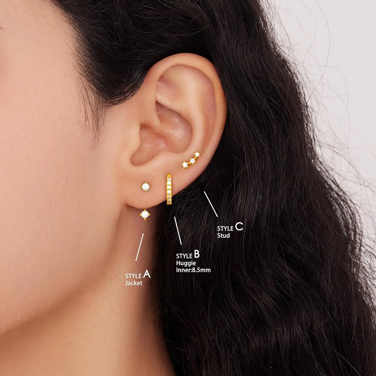 Gold Stud Earrings Set for Women, 3 Pairs Huggie Hoop Jacket Studs Earring Stacks, Hypoallergenic 925 Sterling Silver Post Dainty Birthstone Trendy Women Fashion Accessories Jewelry Gifts