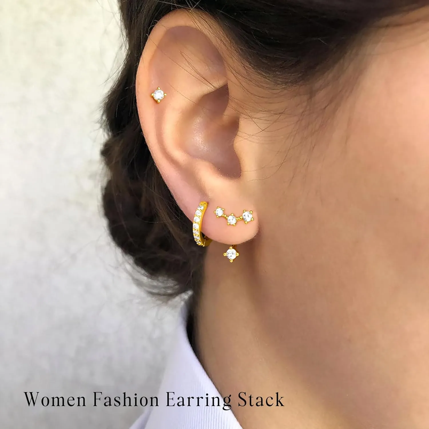Gold Stud Earrings Set for Women, 3 Pairs Huggie Hoop Jacket Studs Earring Stacks, Hypoallergenic 925 Sterling Silver Post Dainty Birthstone Trendy Women Fashion Accessories Jewelry Gifts