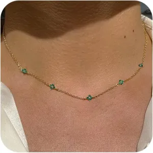 Gold/Silver Necklace for Women, Dainty Chain Necklace 14K Gold Plated Station Choker Necklace Non Tarnish Small Cute Clover Flower CZ Diamond Necklaces Jewelry for Women Gifts