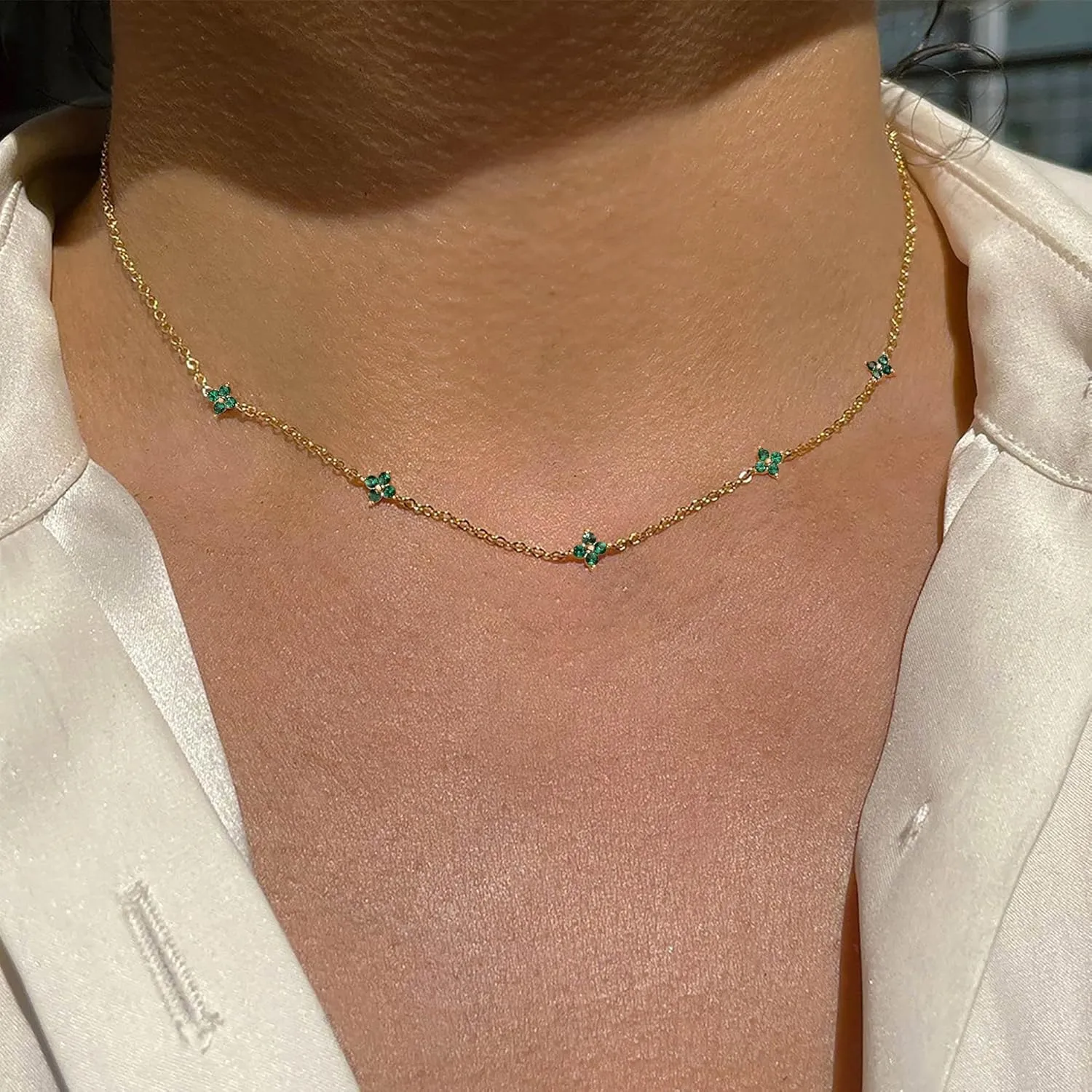 Gold/Silver Necklace for Women, Dainty Chain Necklace 14K Gold Plated Station Choker Necklace Non Tarnish Small Cute Clover Flower CZ Diamond Necklaces Jewelry for Women Gifts