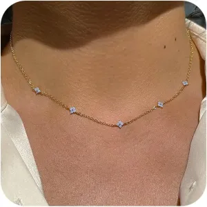 Gold/Silver Necklace for Women, Dainty Chain Necklace 14K Gold Plated Station Choker Necklace Non Tarnish Small Cute Clover Flower CZ Diamond Necklaces Jewelry for Women Gifts