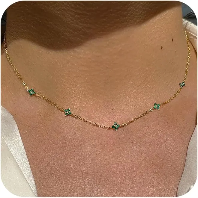 Gold/Silver Necklace for Women, Dainty Chain Necklace 14K Gold Plated Station Choker Necklace Non Tarnish Small Cute Clover Flower CZ Diamond Necklaces Jewelry for Women Gifts