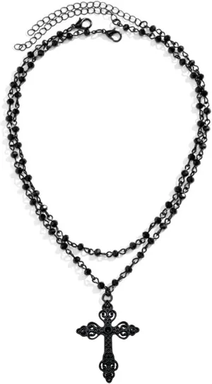 Gothic Bead Cross Necklace Layered Cross Choker Necklaces for Women Goth Cross Necklace Gothic Necklace Punk Black Cross Pendant Necklace Halloween Christmas New Year Goth Jewelry Gift for Women