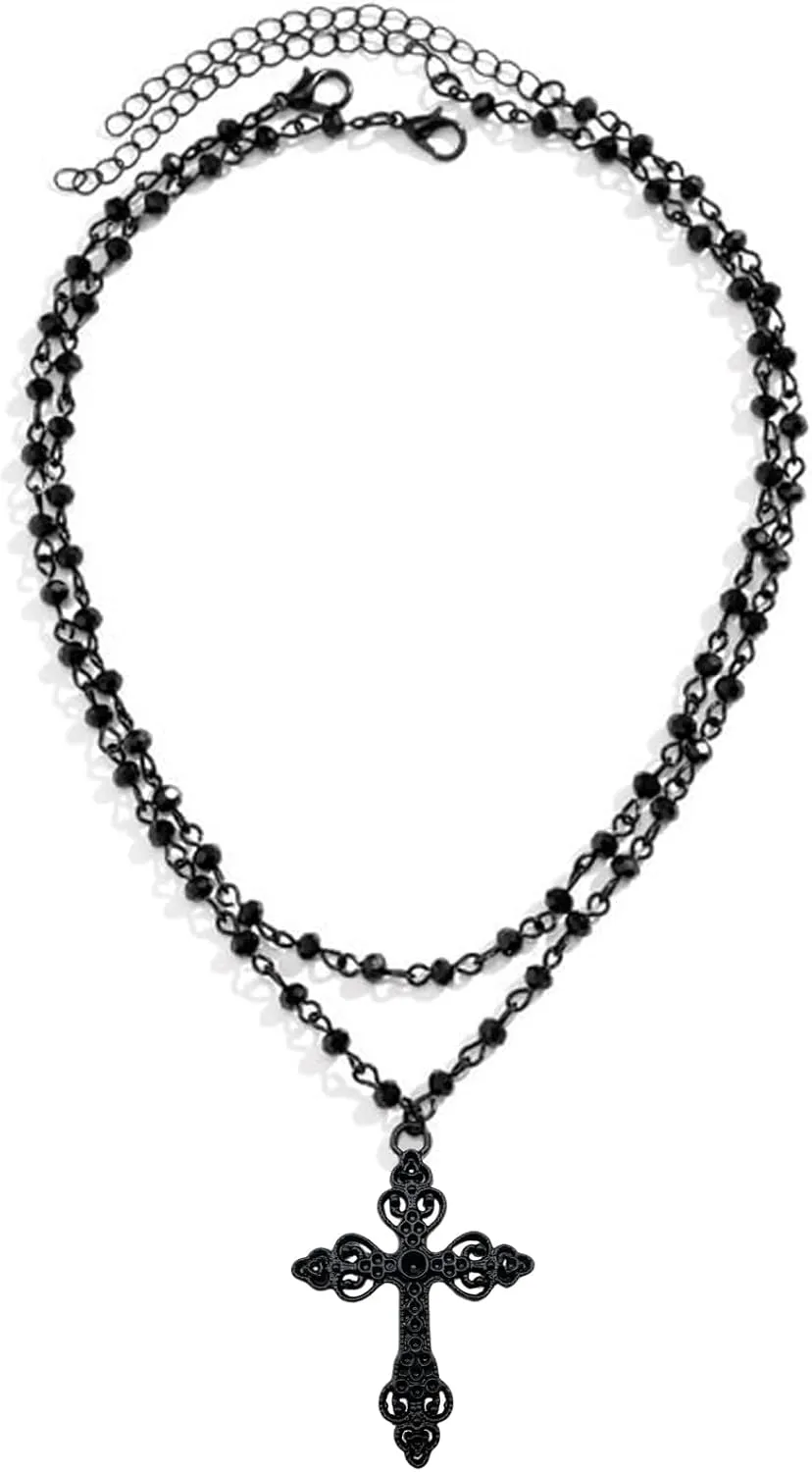 Gothic Bead Cross Necklace Layered Cross Choker Necklaces for Women Goth Cross Necklace Gothic Necklace Punk Black Cross Pendant Necklace Halloween Christmas New Year Goth Jewelry Gift for Women