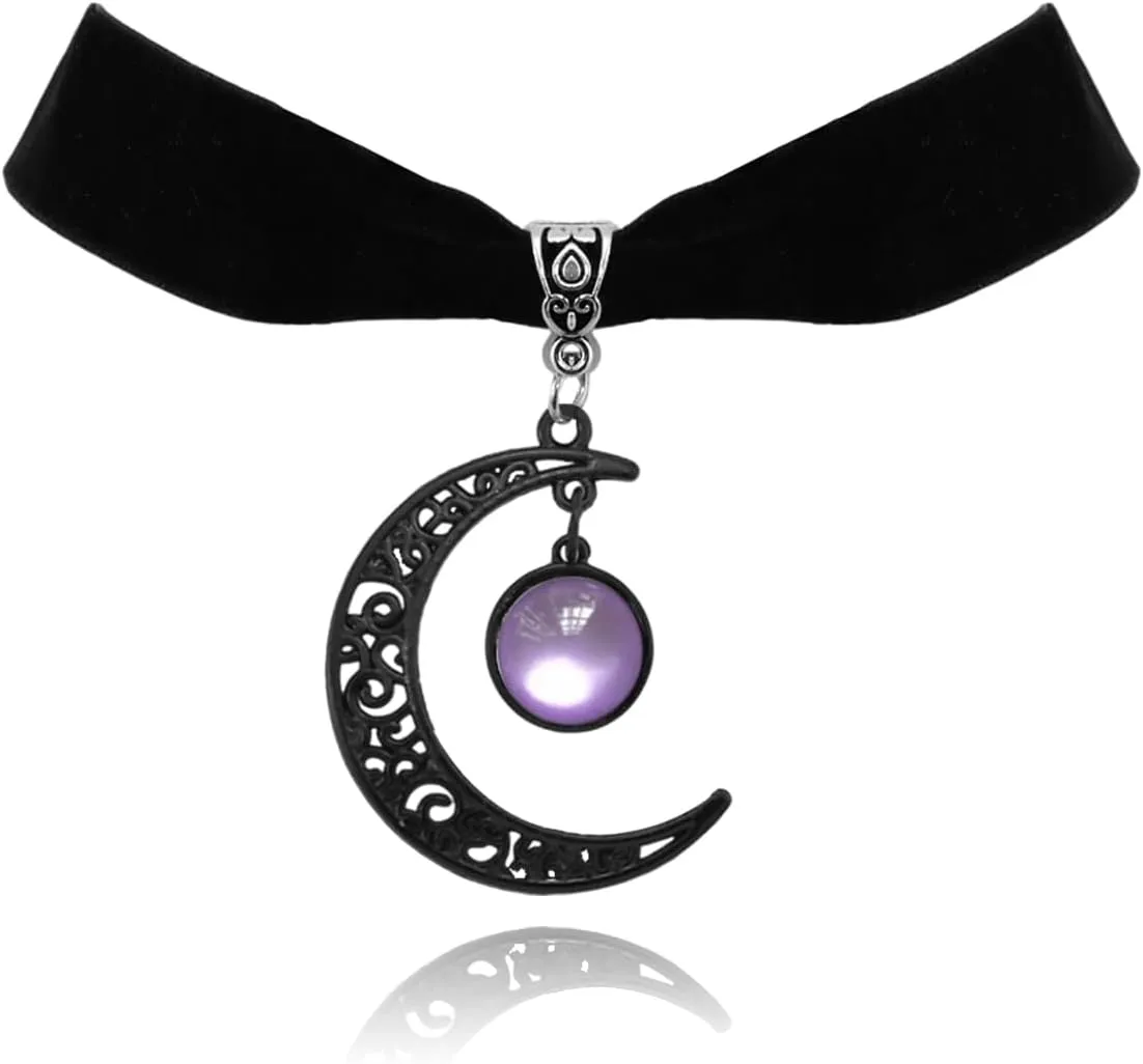 Gothic Black Velvet Moon Crystal Choker Necklace for Women,Black Choker Moon Necklace Vintage Punk Crescent Necklaces Goth Jewelry Witch Costume Accessories