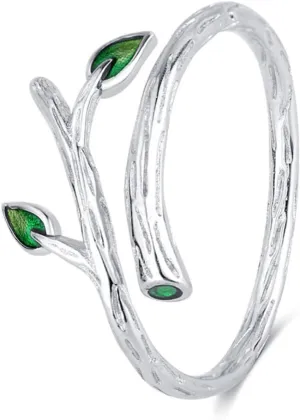 Green Leaf Rings For Women 925 Sterling Silver Adjustable Rings Nature Mood Ring Gift Jewelry