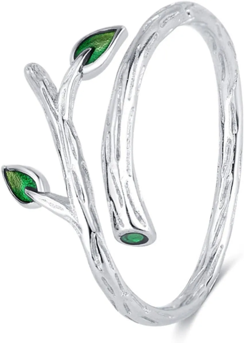 Green Leaf Rings For Women 925 Sterling Silver Adjustable Rings Nature Mood Ring Gift Jewelry