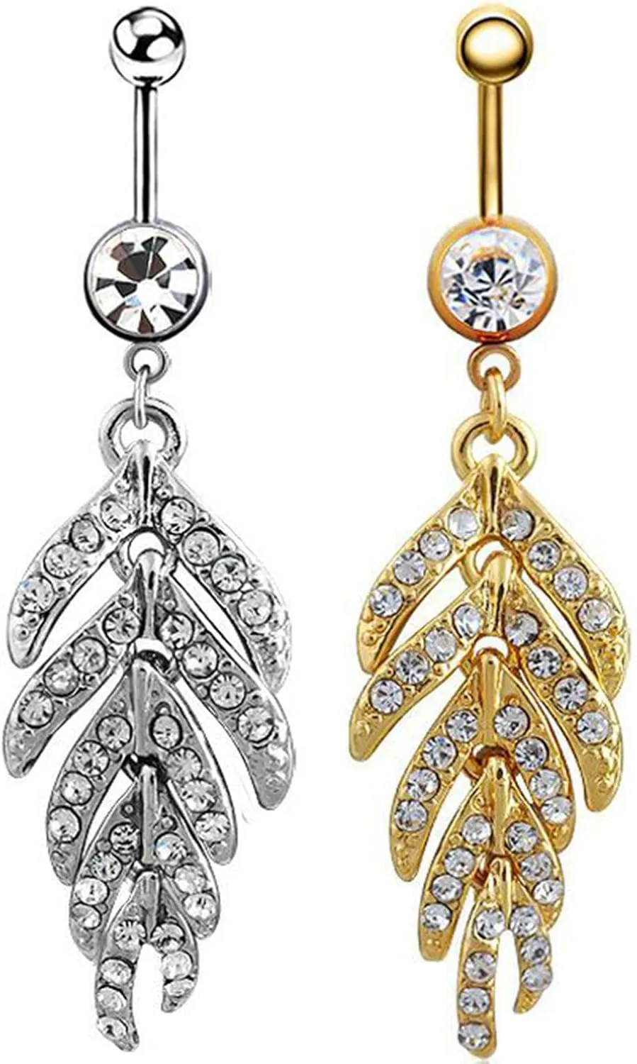 Gualiy 2 Pcs Belly Button Rings 14G Surgical Steel Belly Rings Leaves White Cubic Zirconia Navel Rings Jewelry