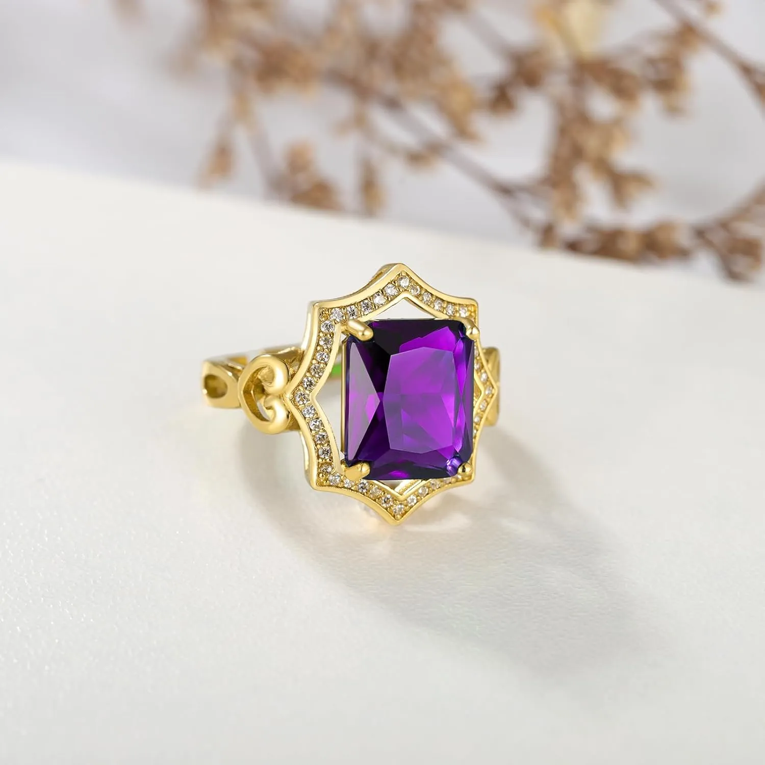 GW 18K Gold Plated Costume Rings, Adjustable Topaz Ring Crystal Cubic Zirconia Gold Statement Rings Jewelry Gemstone Cocktail Ring for Women Adjustable Size 6-9