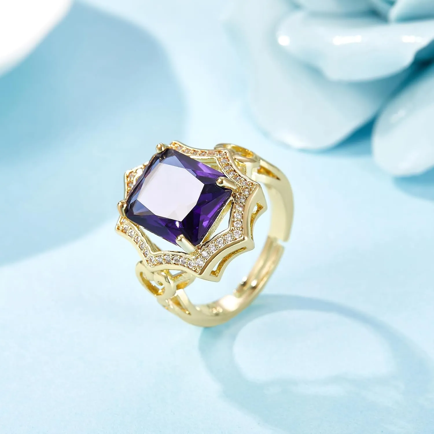 GW 18K Gold Plated Costume Rings, Adjustable Topaz Ring Crystal Cubic Zirconia Gold Statement Rings Jewelry Gemstone Cocktail Ring for Women Adjustable Size 6-9