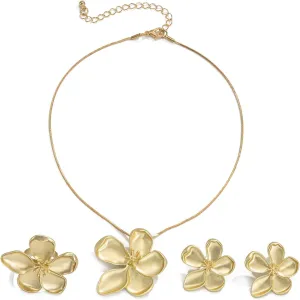 GYRMMUE Vintage Gold Flower Necklace Earrings,Large Flower Necklace Rings Earrings Set Statement Five-Petal Flower Necklace Chunky Floral Earrings Rings Jewelry for Women