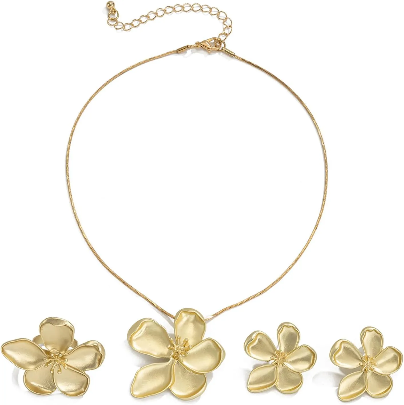 GYRMMUE Vintage Gold Flower Necklace Earrings,Large Flower Necklace Rings Earrings Set Statement Five-Petal Flower Necklace Chunky Floral Earrings Rings Jewelry for Women