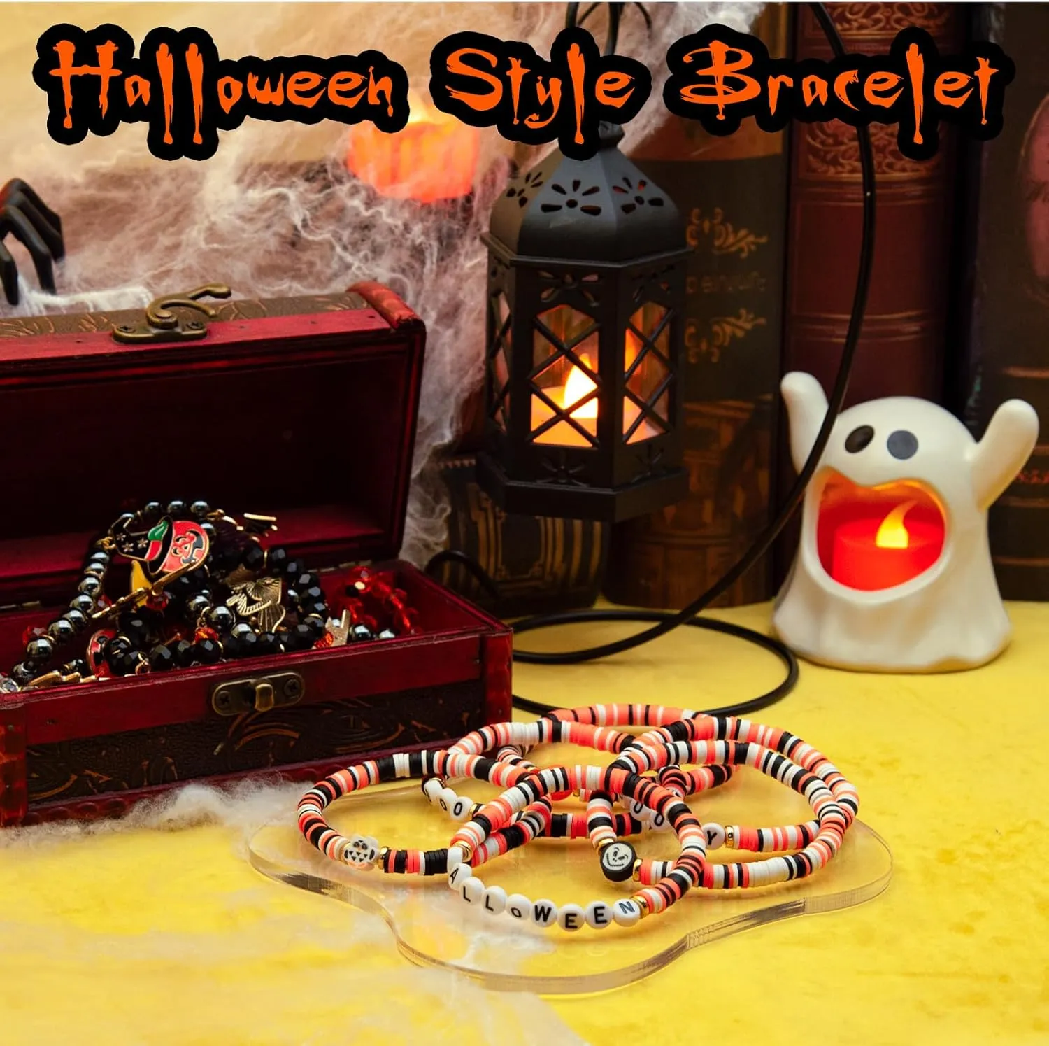 Halloween Bracelet, Adjustable Halloween Jewelry for Women Man with Charms Ghost Spider