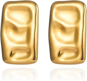 Hammered Gold Plated Stainless Steel Rectangle Ear Stud Earrings for Women Unisex,Chunky Geometric Square Large Earrings,Statement Texture Earrings Tarnish Free Trendy Minimalist Jewelry