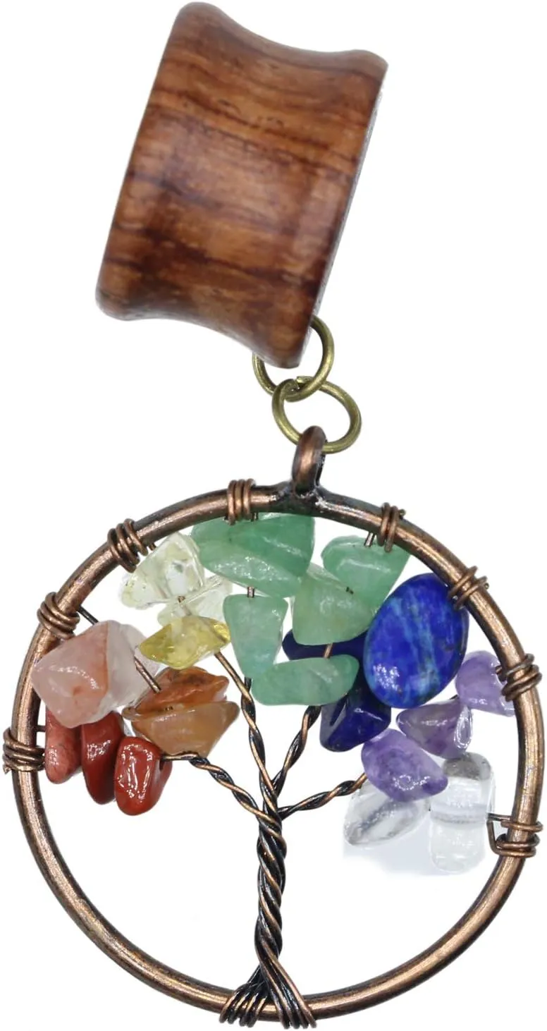Handmade 7 Chakra Tree of Life Wood Dangle Ear Gauges Piercing Flesh Tunnels Plugs Statement Earrings Stretching Kit