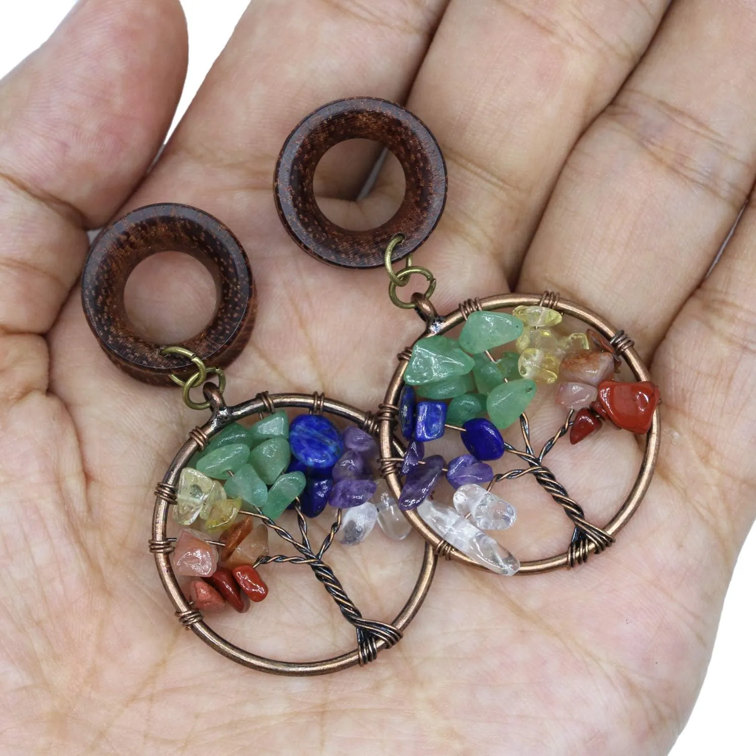 Handmade 7 Chakra Tree of Life Wood Dangle Ear Gauges Piercing Flesh Tunnels Plugs Statement Earrings Stretching Kit