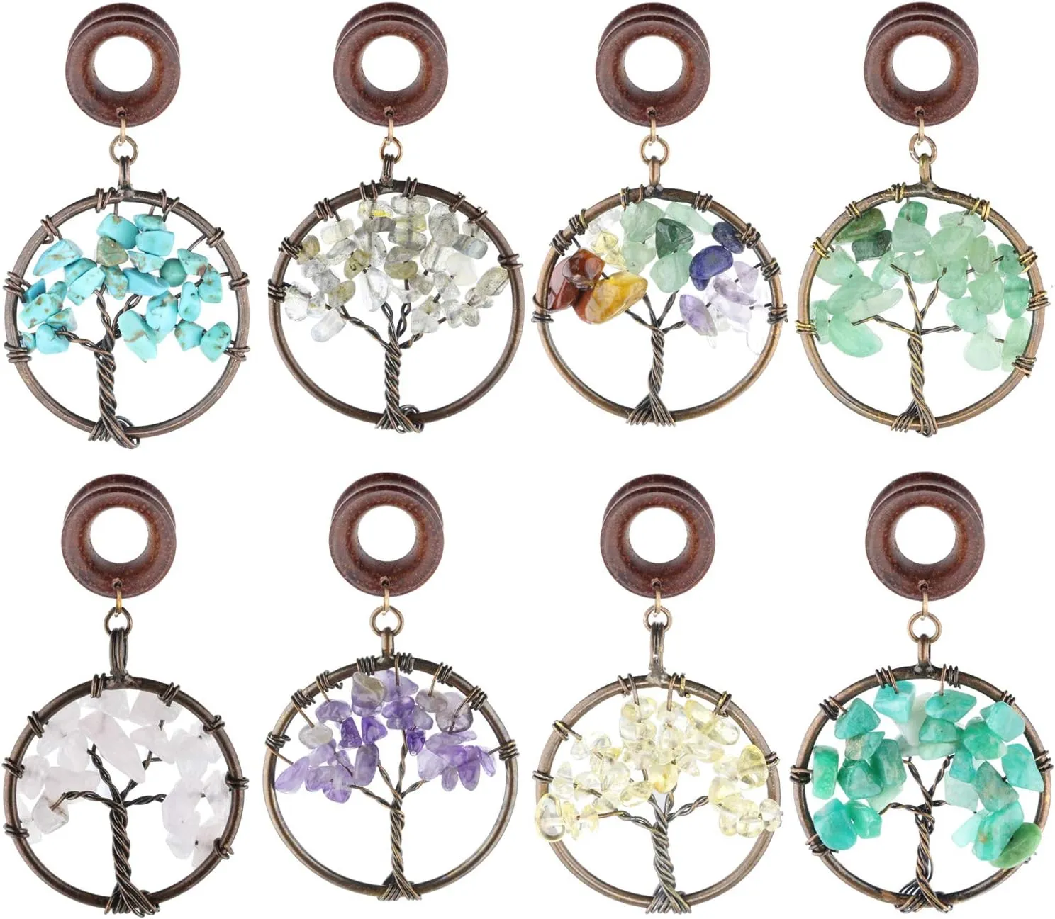 Handmade 7 Chakra Tree of Life Wood Dangle Ear Gauges Piercing Flesh Tunnels Plugs Statement Earrings Stretching Kit