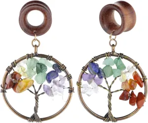 Handmade 7 Chakra Tree of Life Wood Dangle Ear Gauges Piercing Flesh Tunnels Plugs Statement Earrings Stretching Kit