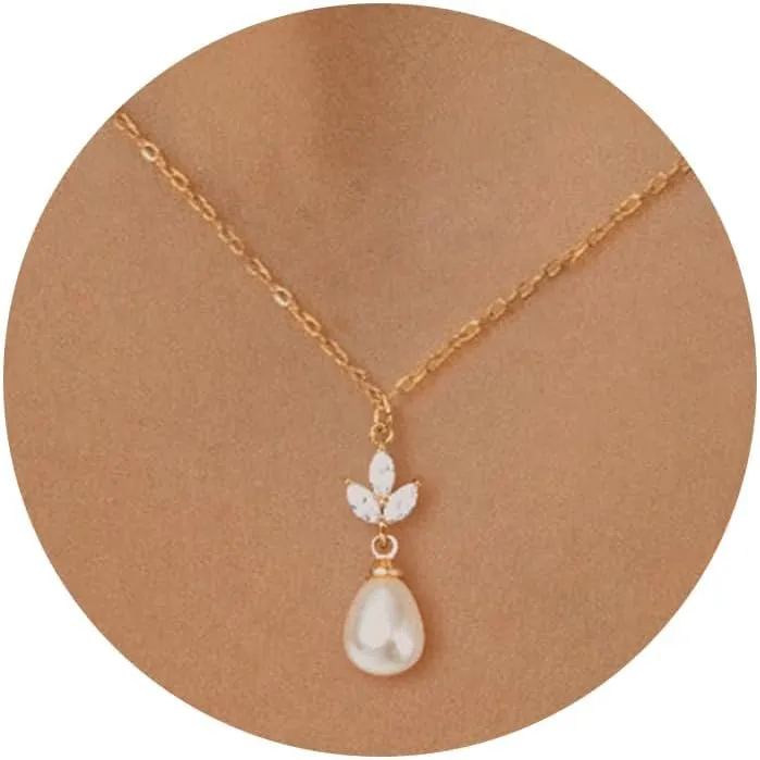 HANLI Gold Pearl Necklace for Women - 14K Gold Plated Dainty Choker CZ Pearl Pendant Nekclaces Womens Layered Bridal Ball Beaded Chain Trendy Jewelry Simple Wedding Necklaces