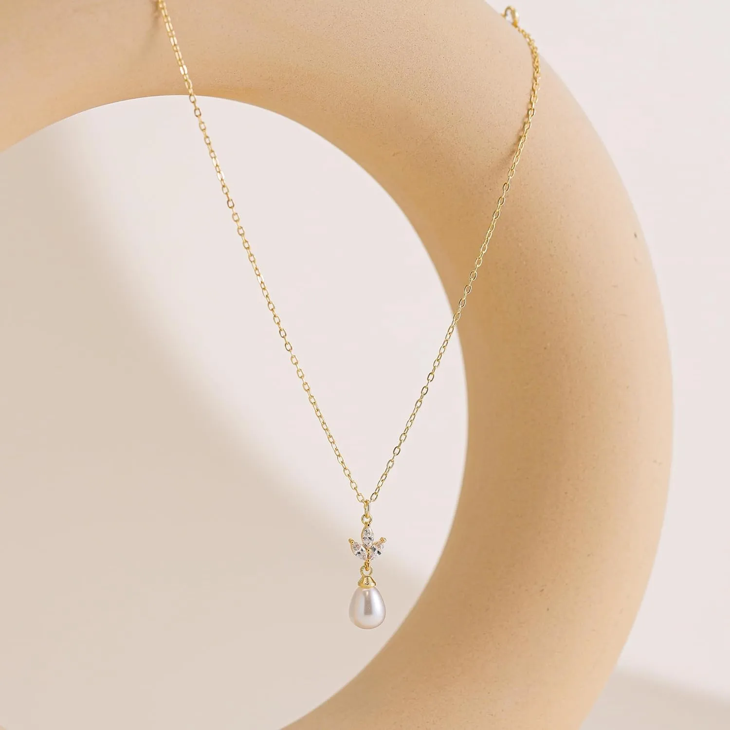 HANLI Gold Pearl Necklace for Women - 14K Gold Plated Dainty Choker CZ Pearl Pendant Nekclaces Womens Layered Bridal Ball Beaded Chain Trendy Jewelry Simple Wedding Necklaces