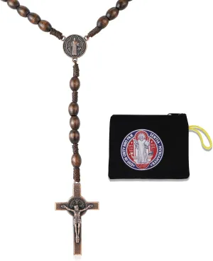 HANRESHE Wooden Beads Rosary Necklace Wooden Crosses Pendant Catholic Rosary Necklace for Men with St.Michael