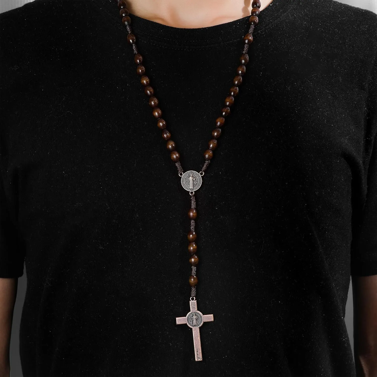 HANRESHE Wooden Beads Rosary Necklace Wooden Crosses Pendant Catholic Rosary Necklace for Men with St.Michael