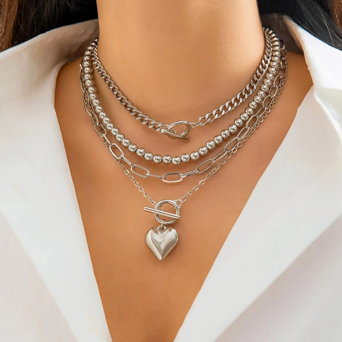 Heart Layered Necklaces for Women Gold Silver Plated Choker Beads Chain Love Heart Pendant Necklace Trendy Punk Grunge Y2k Jewelry Gifts