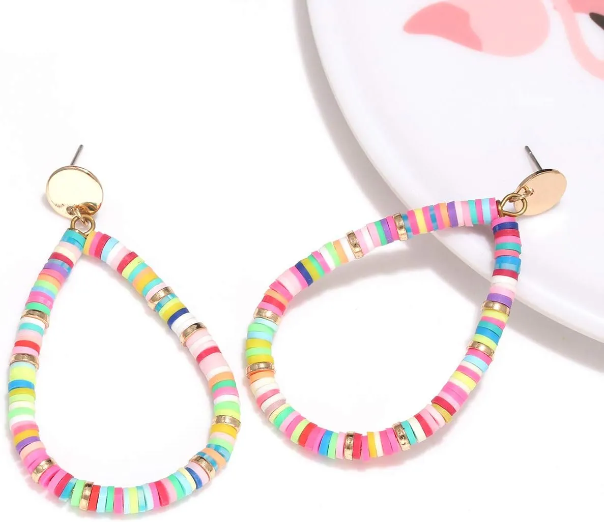 Heishi Bead Drop Earrings for Women Rainbow Vinyl Disc Bead Hoop Dangle Earring Studs Handmade Bohemia Summer Beach Jewelry