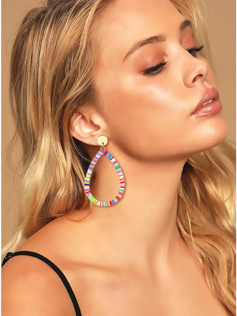 Heishi Drop Earrings for Women Rainbow Vinyl Disc Bead Dangle Earrings Lightweight Teardrop Earrings Studs Summer Beach Jewelry