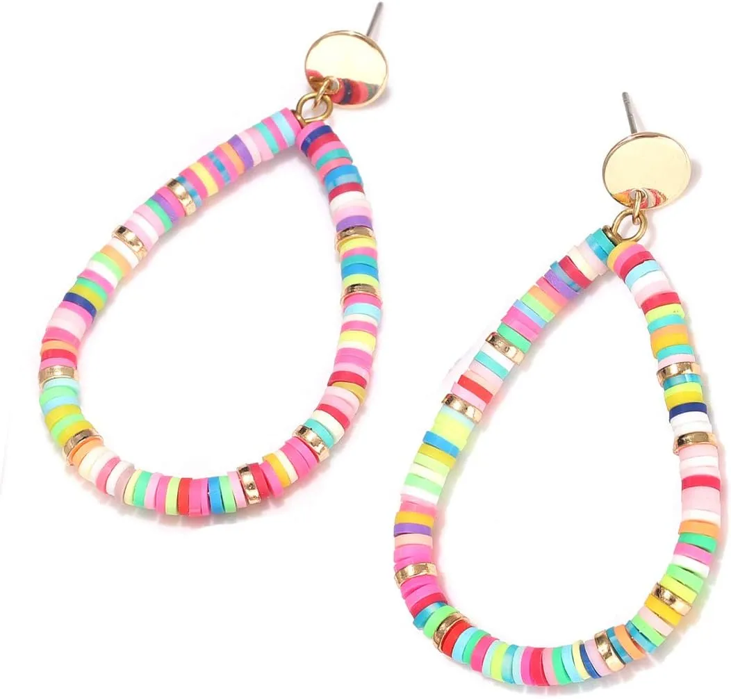 Heishi Drop Earrings for Women Rainbow Vinyl Disc Bead Dangle Earrings Lightweight Teardrop Earrings Studs Summer Beach Jewelry