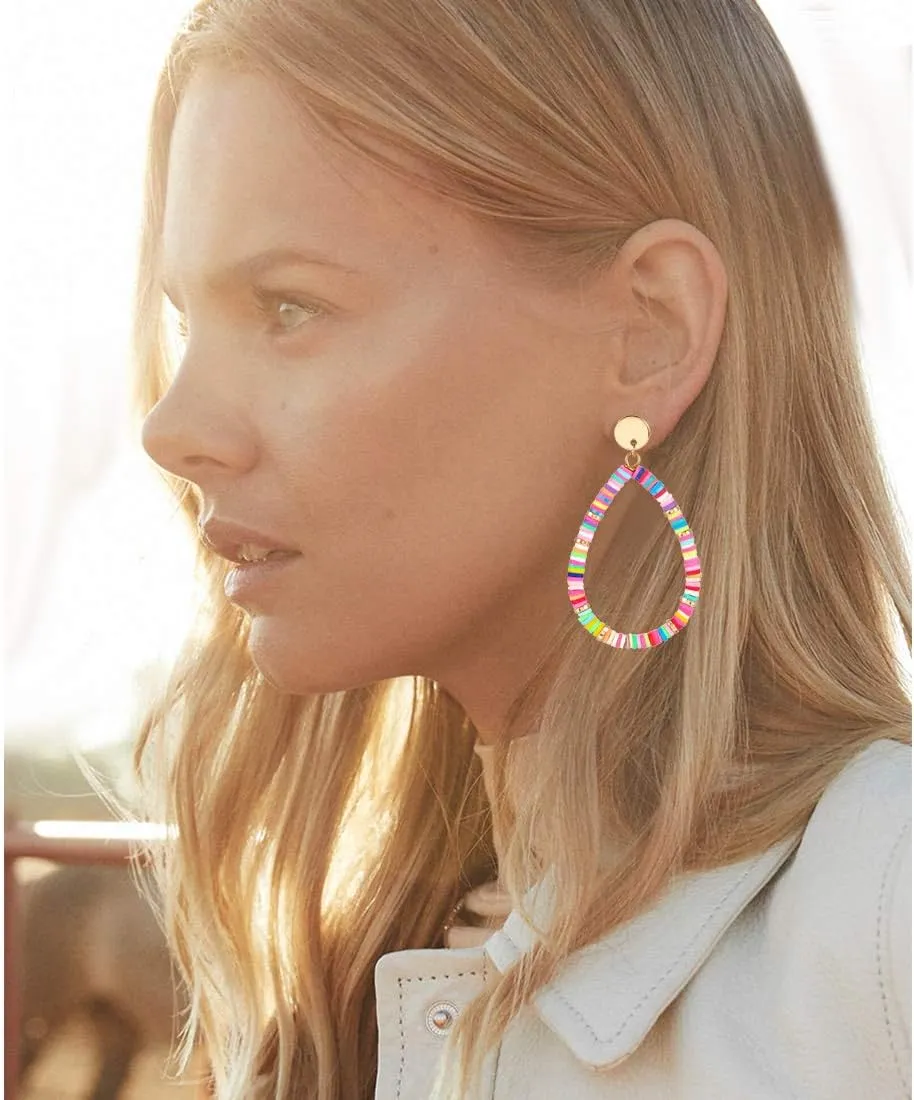 Heishi Drop Earrings for Women Rainbow Vinyl Disc Bead Dangle Earrings Lightweight Teardrop Earrings Studs Summer Beach Jewelry