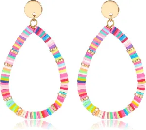 Heishi Drop Earrings for Women Rainbow Vinyl Disc Bead Dangle Earrings Lightweight Teardrop Earrings Studs Summer Beach Jewelry