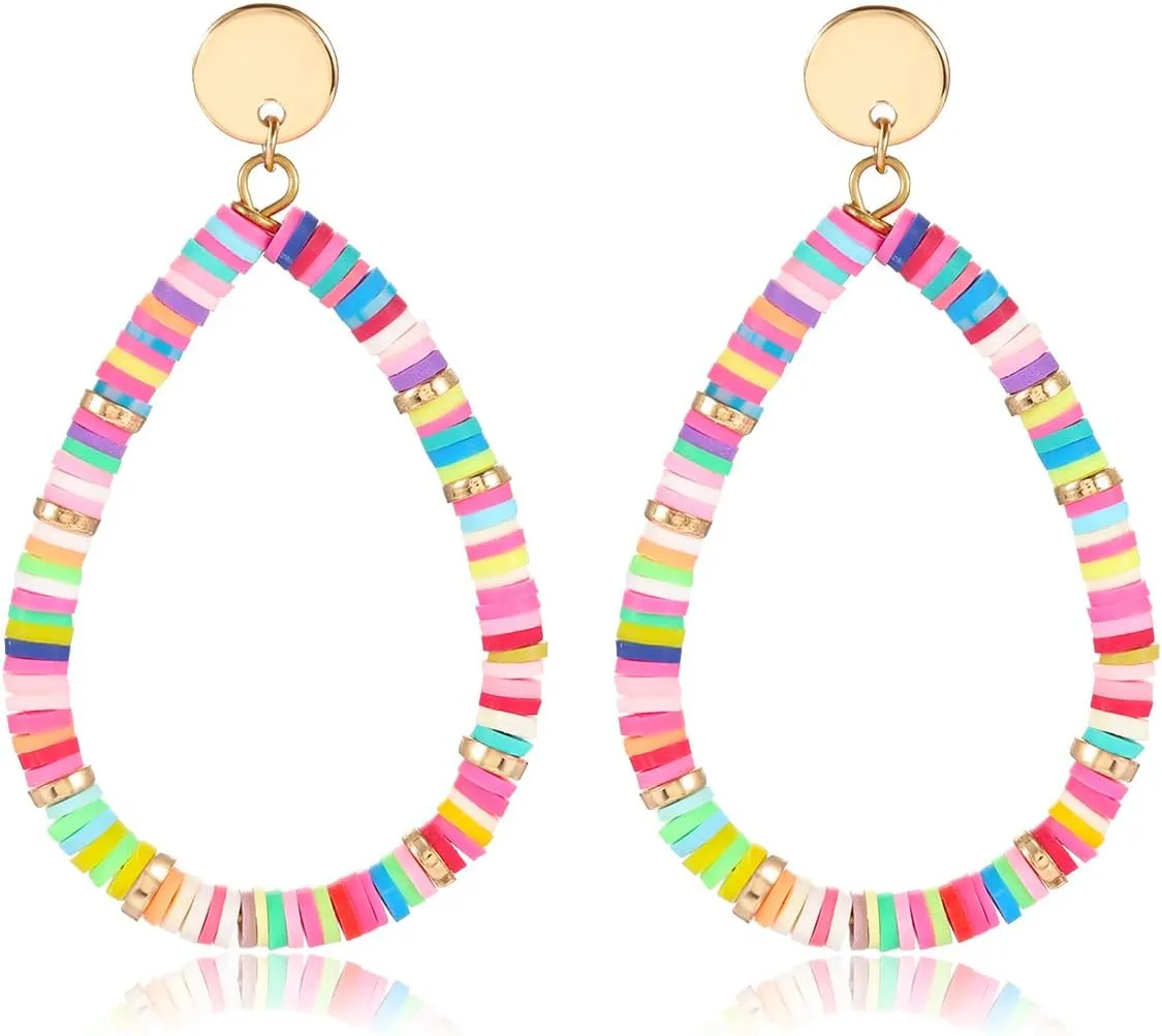 Heishi Drop Earrings for Women Rainbow Vinyl Disc Bead Dangle Earrings Lightweight Teardrop Earrings Studs Summer Beach Jewelry
