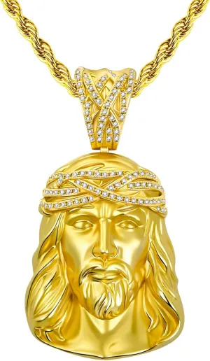 HELLOICE Men Jesus Pendant Necklace 5A Grade Cubic Zirconia Pendant Necklace with Rope Chain Religious Jewelry Gifts for Women Men